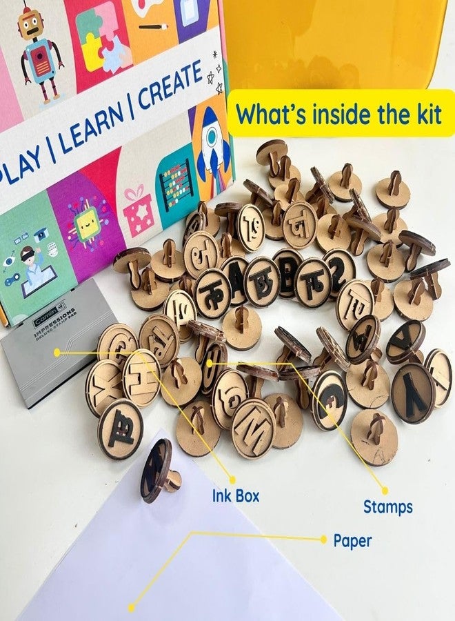 Ansoz Wooden English & Hindi Alphabet Stamps Combo Set with Ink Box, Educational Learning Kit (03) - Image 3